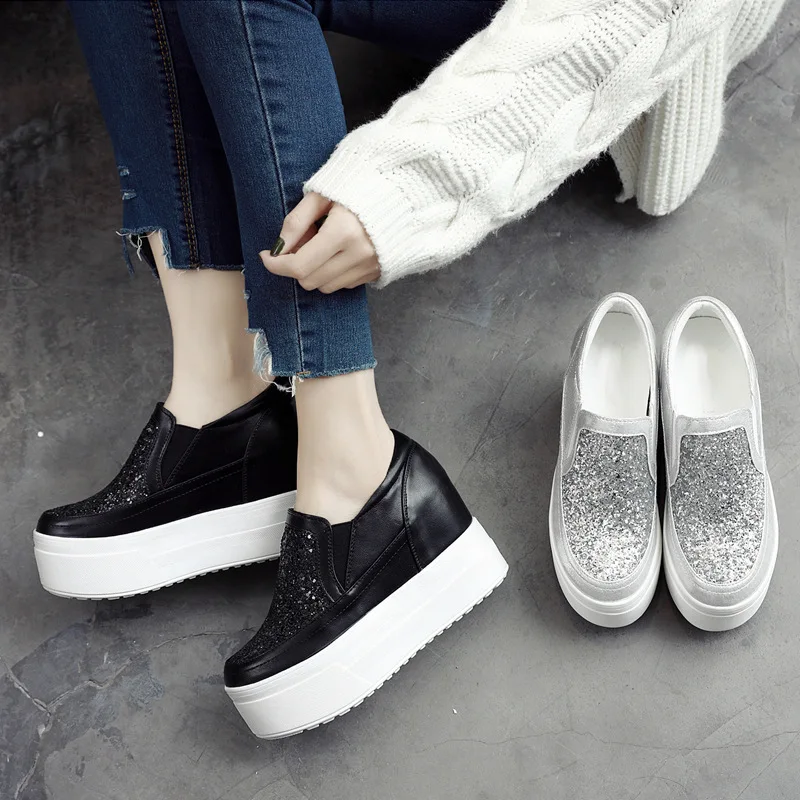 Tleni/Корейская версия диких расшитые блестками Кроссовки Женская обувь на толстой подошве 10 см, увеличивающая рост кроссовки без застежки, ZD-14