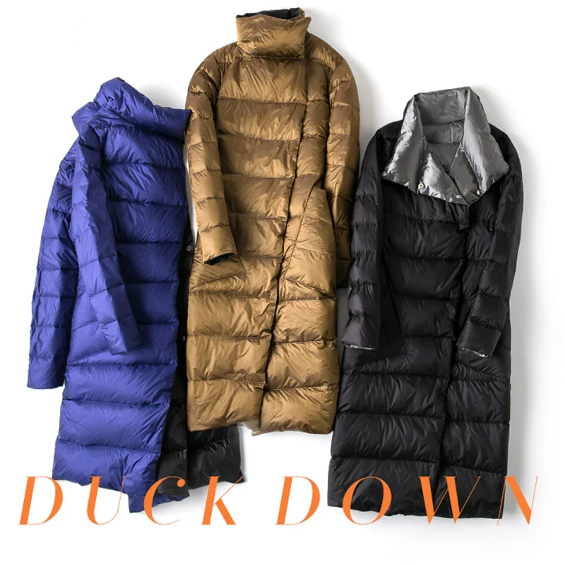 

Ailegogo Women Double Sided Down Jacket Winter Turtleneck White Duck Down Coat Double Breasted Long Parkas Warm Snow Outwear