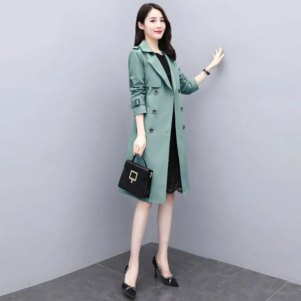 

Fashion Windbreaker Women Mid-length Spring Fall Women British Style Elegant Temperament With Striped Belt Trendy Trench Coat