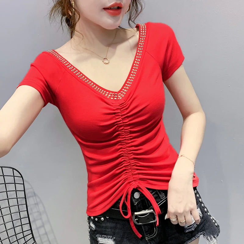 

Summer Korean Clothes T-shirt Sexy V-Neck Diamonds Lace Up Women Tops Ropa Mujer Shirt Short Sleeve Cotton Tees 2020 New T05608