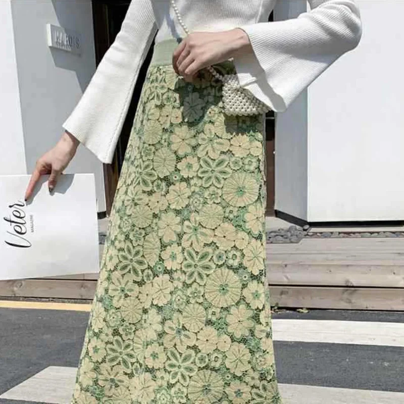 

Женские вязаные крючком длинные юбки с цветочным рисунком, зимние теплые винтажные трапециевидные юбки средней длины с высокой талией, эле...