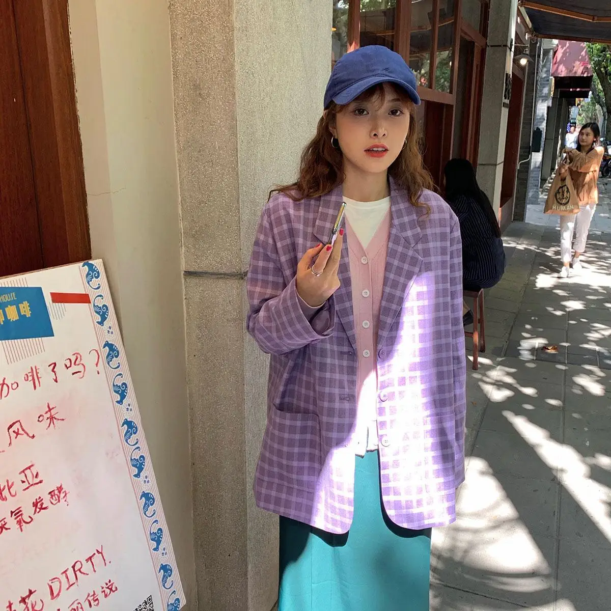 Пурпурный клетчатый блейзер для женщин милая уличная одежда универсальный