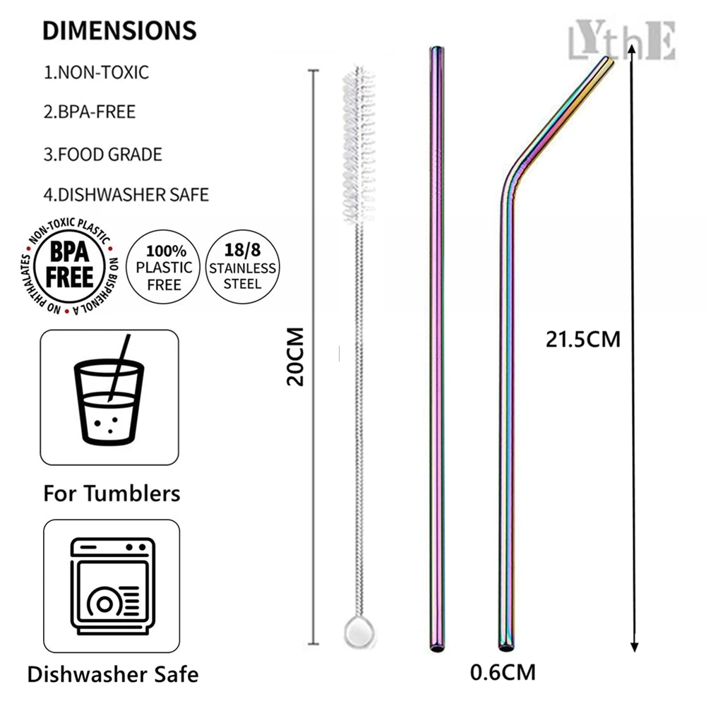 

Rainbow Color Reusable Drinking Straws Eco-Friendly 304 Stainless Steel Straws Set Metal Cocktail Straws Set Bar Party Accessory
