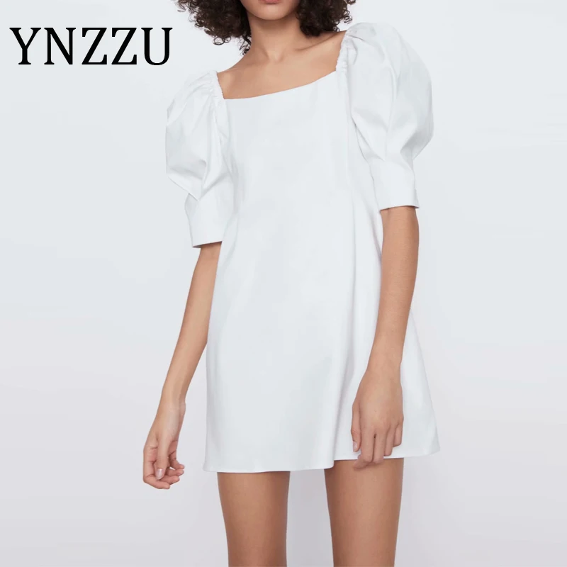 Женское мини платье с квадратным вырезом YNZZU элегантное белое трапеция пышными