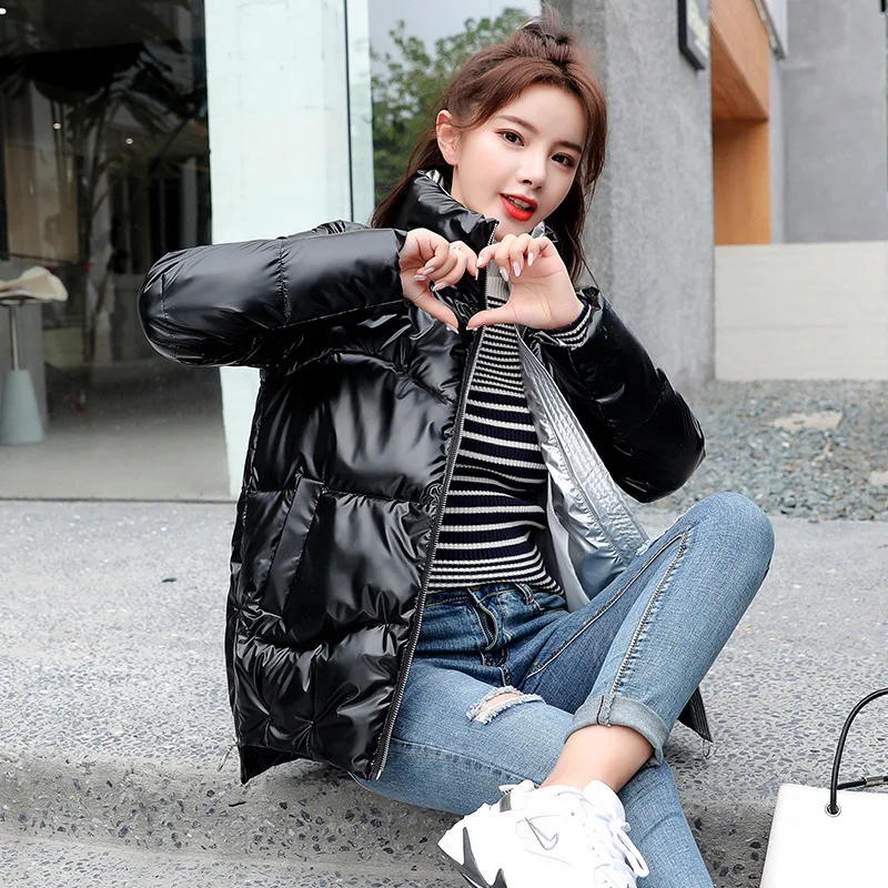 

Glossy Sustans Down Coats Fashion Women Solid Colors Stand Collars Parkas Casual Commute Warm Autumn Winter Outwears Chic Jacket