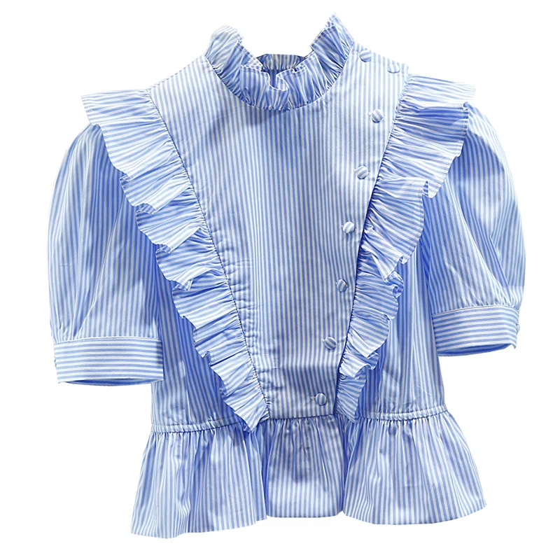 

Cropped Blouse Women Ruffles Stitching Stand Collar Striped Short Shirt Women's 2020 Fashion All-match Tops Blouses Blusas Mujer