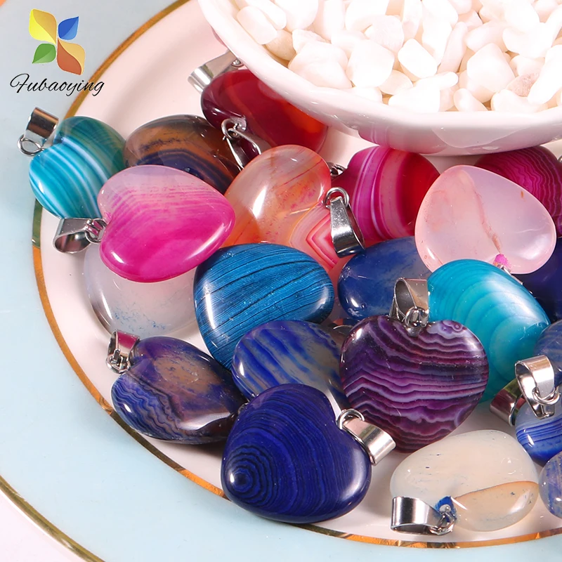 

2021 Trendy 20mm 25pcs Lot Stone Dyed Blue Stripe Pendant Heart Necklace Bulk Accessories Charms For DIY Jewelry Make