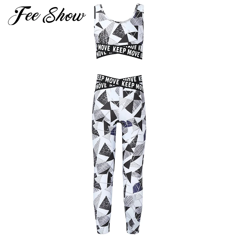 

Kids Girls Summer Sportwear U Neck Shoulder Straps Sleeveless Crop Top High Waist Pants Set Children Gym Yoga Running Sport Set