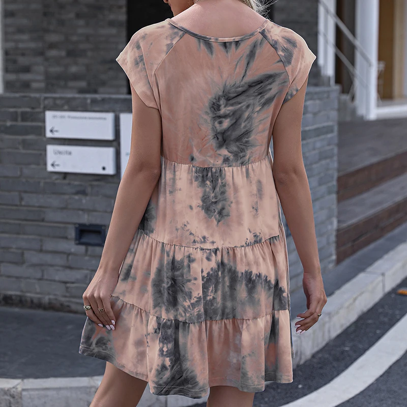 

Tie Dye Printed Ruched Dress Women Summer V Neck Short Sleeves A-Line Ruffle Dresses Casual Loose Dress Vestidos Streetwear