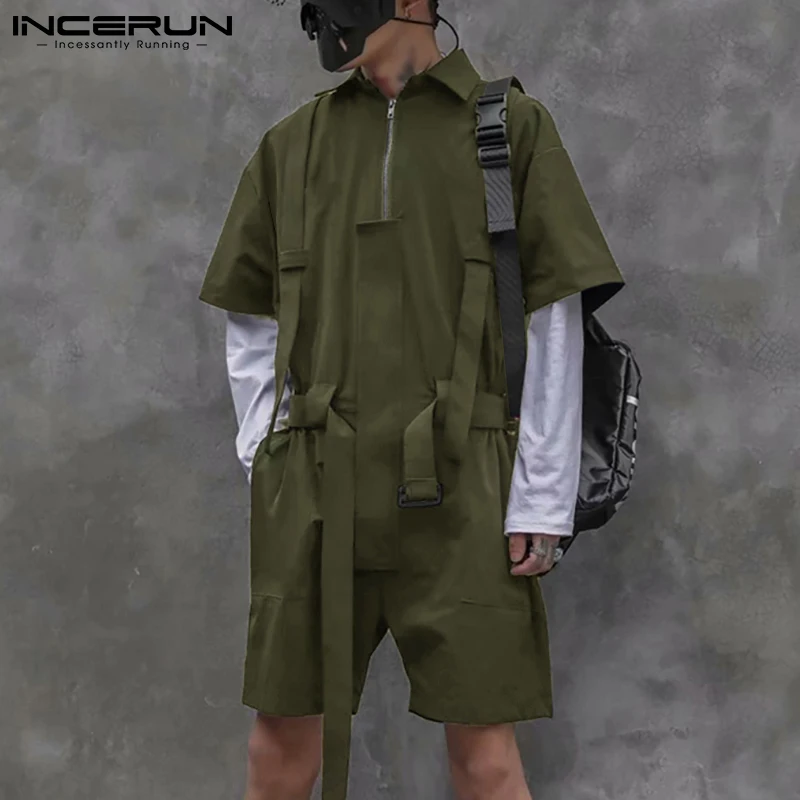 

2022 Fashion Men Rompers Lapel Short Sleeve Solid Zipper Casual Jumpsuits Streetwear Loose Pockets Cargo Overalls S-5XL INCERUN