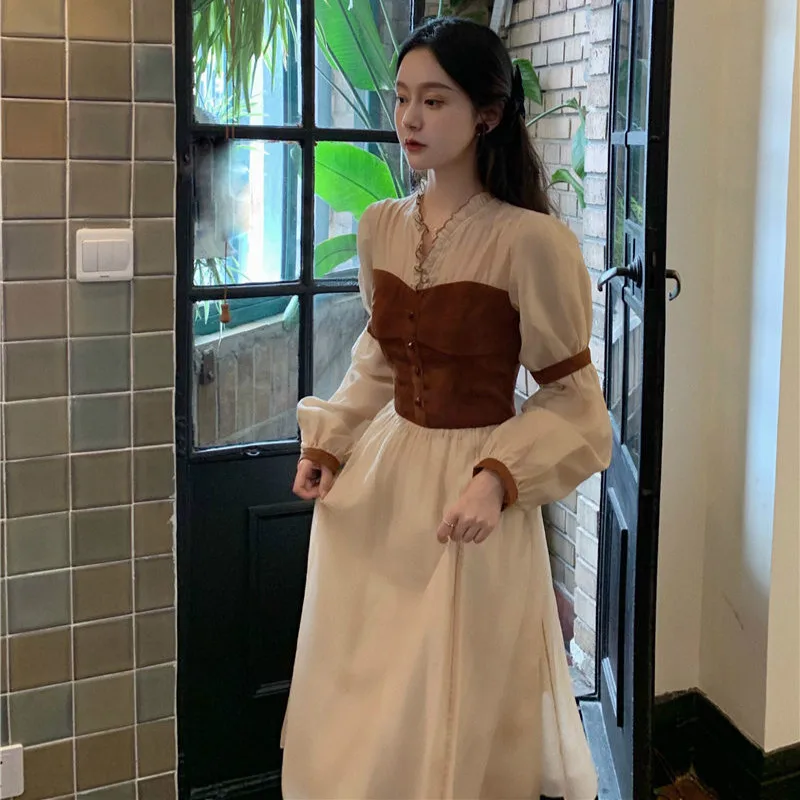 

Korean 2021 Autumn Vintage Midi Dress Women Casual V-Neck Long Sleeve Party Retro Dresses Female French Evening One-Piece Dress