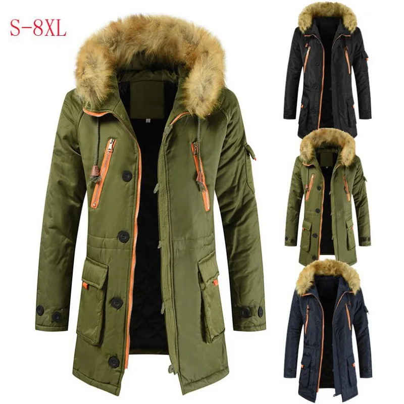 Mid-Length Padded Jacket Men Thick Warm Parkas Fur Collar Outwear Thick Parka Fur Hood Warm Overcoat