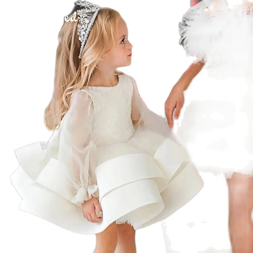 

Glitter Ball Gown Girl Party Dresses Illusion Sleeves Puffy Layers Girl Birthday Dress Girl Christmas Party robe de princesse