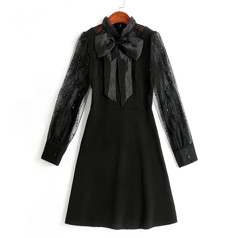 

Bow Tie Elegant Dress 2020 Spring Summer Style Party Women Sexy Sheer Mesh Patchwork Long Sleeve Slim Fitted A-Line Dress Black