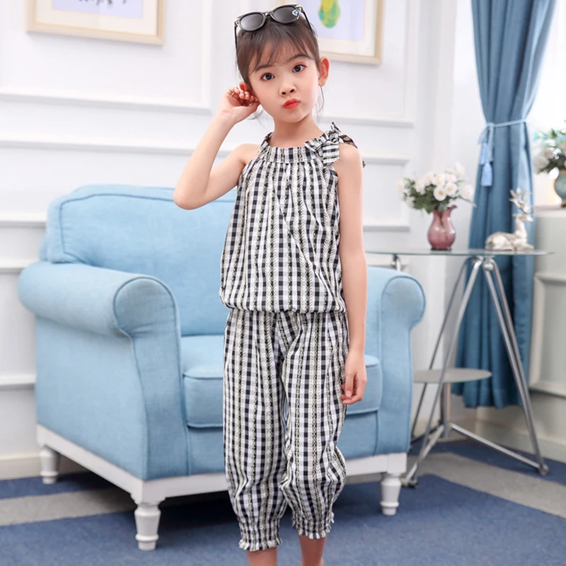 

2020 Girls Summer Casual Clothes Set Children Sleeveless Plaid T-shirt+Short Pants Sport Suits Girl Clothing Sets for Kids 4-12Y