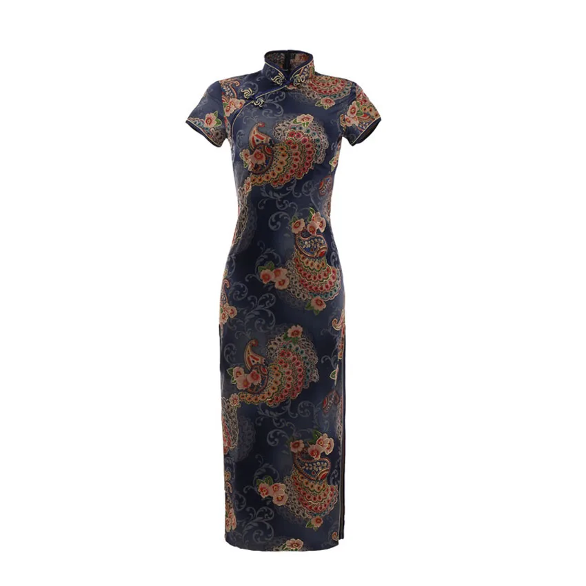 Платье в китайском стиле Восточное атласное платье Ципао с цветочной вышивкой