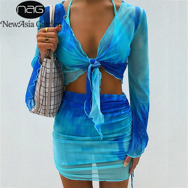 

NewAsia Tie Dye Mesh 2 Piece Set Flare Sleeve V Neck Crop Top Bodycon Drawstring Lace up Mini Skirts Sets Women y2k Matching Set