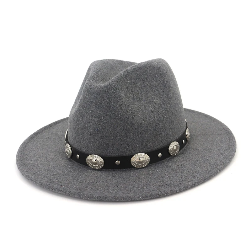 

Autumn Winter Unisex Wool Jazz Hat Cap Panama Fedora Hats with Leather Rivet Decorated Trilby Felt Chapeau for Men Wome