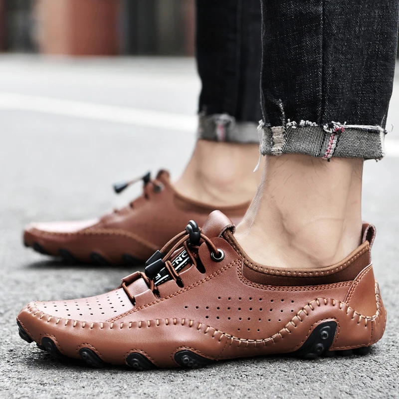 

2021 New Men Leather Shoes Luxury Brand Lightweight Casual Loafers Moccasins Fashion Soft Non-Slip Driving Shoes Big Size 48
