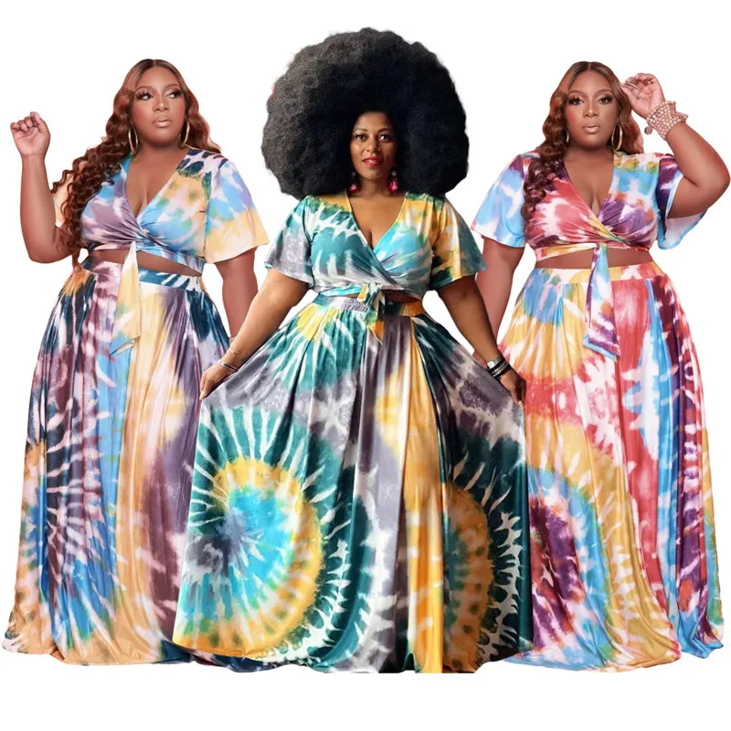 

New Two Piece Set Women Plus Size Skirts Sets Summer Clothing Tie Dye Fashion Bandage Top Maxi Skirt Suit Wholesale Dropshipping