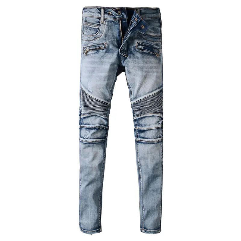 European American Street Fashion Men Jeans Retro Blue Slim Fit Spliced Designer Biker Jeans Men Hip Hop Cotton Denim Punk Pants