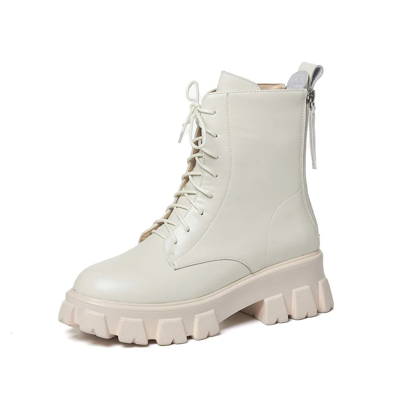 

FOREADA Real Leather Ankle Boots Woman High Heel Motorcycle Boots Lace Up Short Boots Zip Platform Chunky Heel Ladies Shoes 40