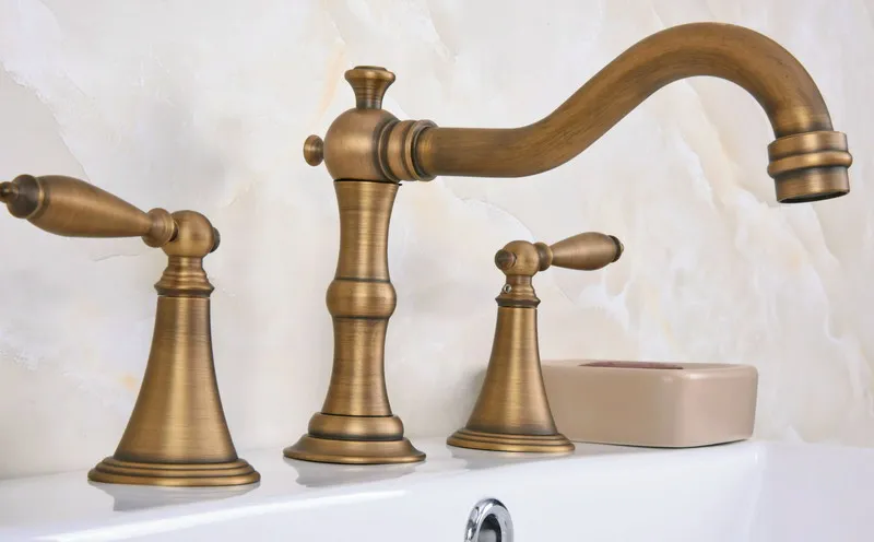 Винтажный античный латунный смеситель с двумя ручками man087 для раковины 3