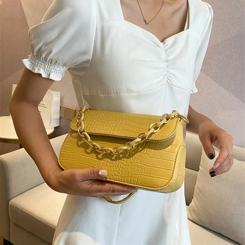 

Fashion Chain Baguette Bag for Women Crocodile Pattern Shoulder Messenger Bag Solid Color Faux Pu Leather Crossbody Bag Tasche