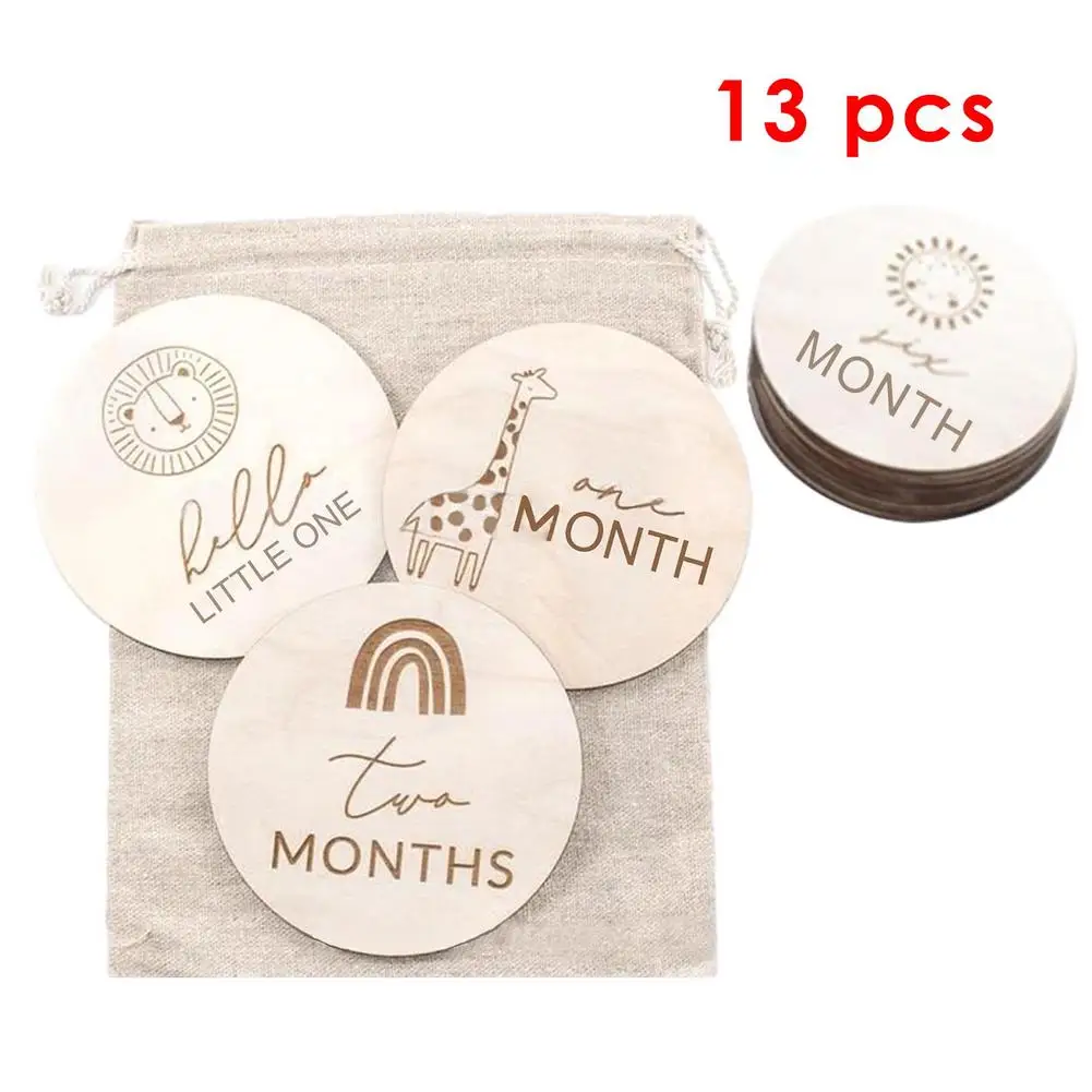 

HOT SALE Baby Monthly Milestone Discs Wooden Baby Markers Engraved Wooden Monthly MilestonePlaques Set Of 13 Pcs Dropshipping