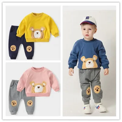 

2021 Children's Cartoon Embroidered Bear Head Round Neck Sweat set Outing Clothes 2-piece Set boy clothes kids clothes girl set