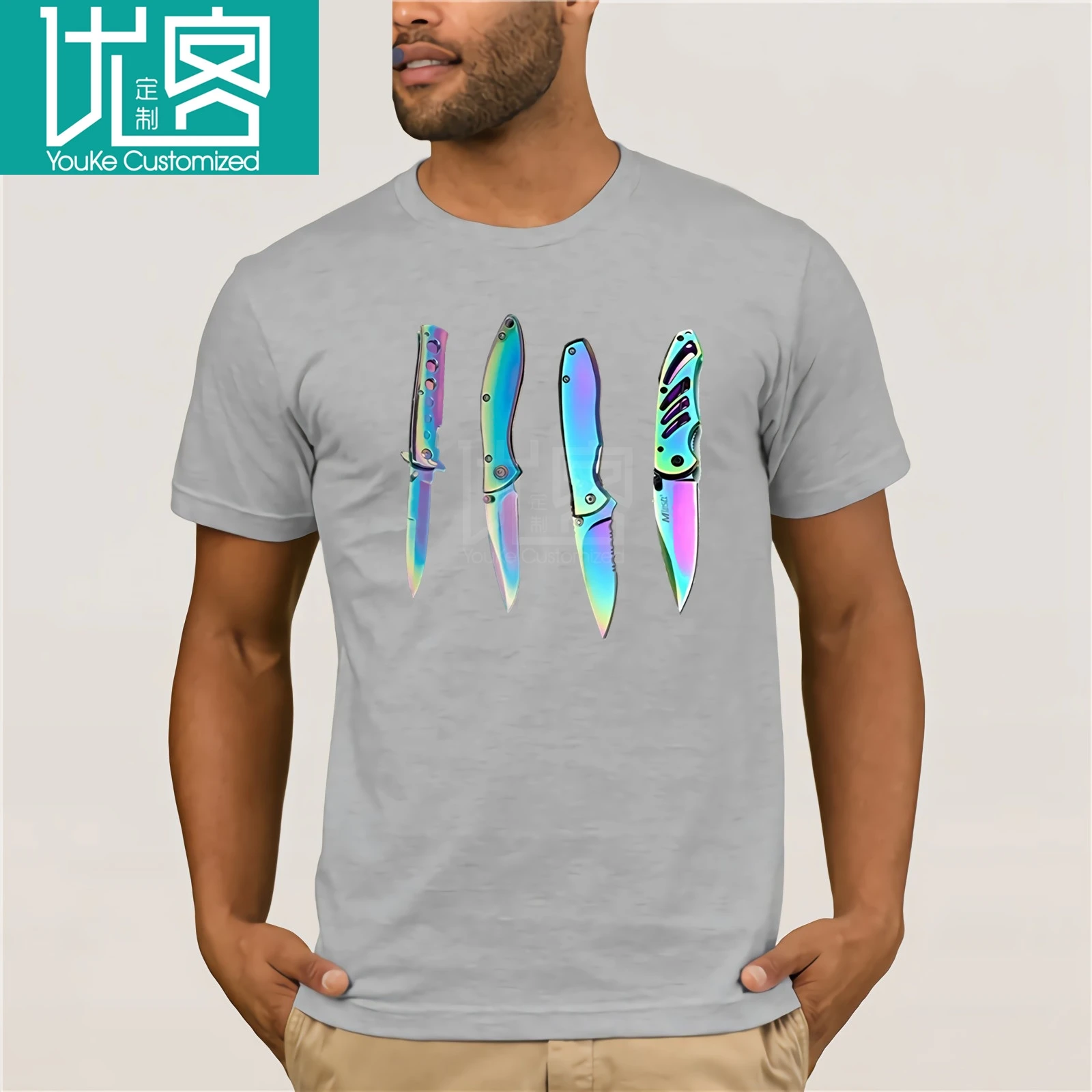 Футболка Радуга голографические ножи рубашка Ретро с коротким рукавом мужские