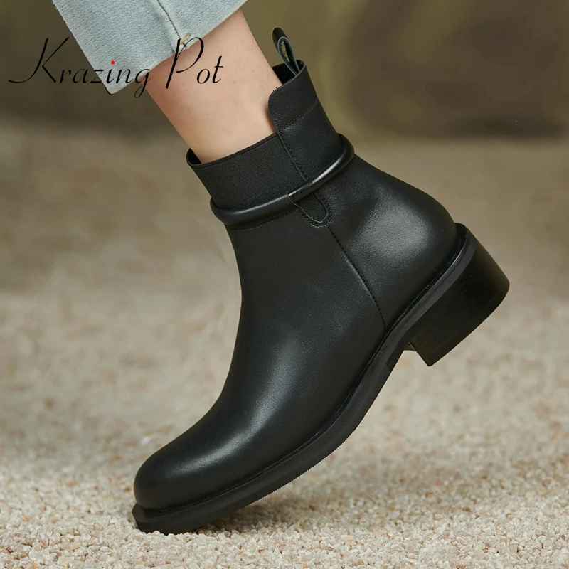 

krazing pot hot sale genuine leather Chelsea boots round toe med heel concise style elastic band fashion solid ankle boots L70