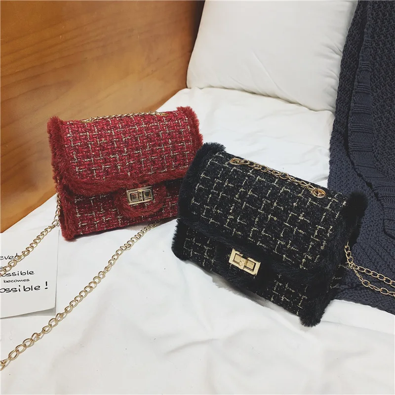Роскошная женская сумка плюшевая шерстяная на цепочке сумки через плечо
