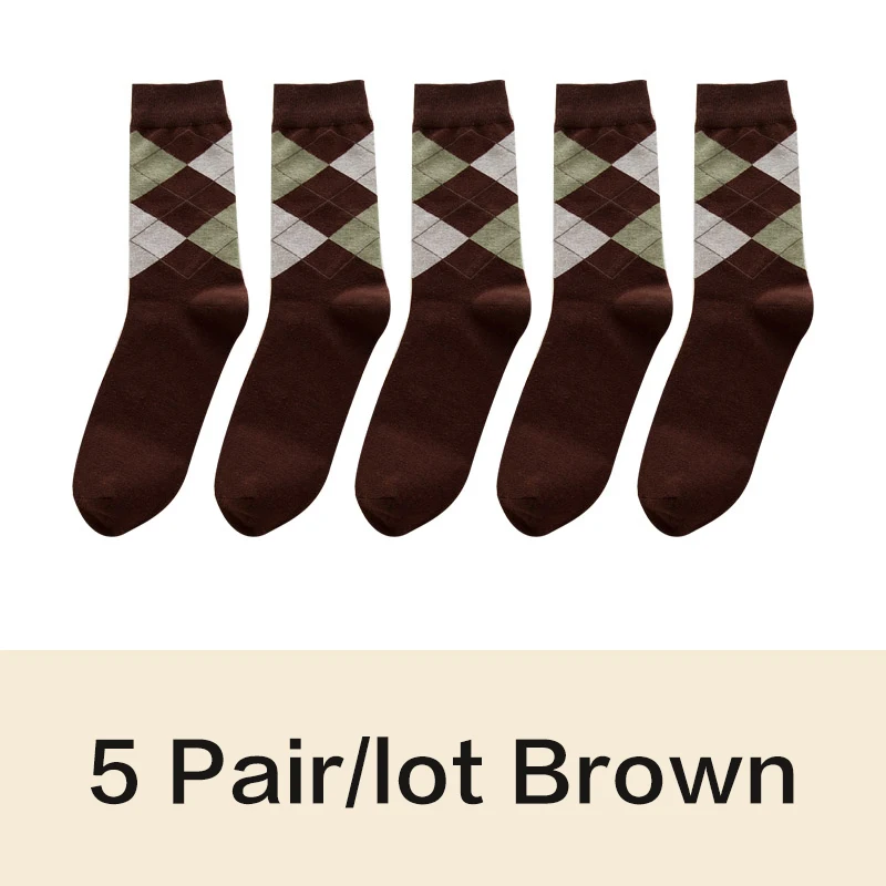 5pairs brown Высокое качество, весна-осень, мужские хлопковые носки, британский стиль, ромбовидная линия, с принтом, повседневные носки в деловом стиле, подарки для мужчин, 5 пара/лот - Цвет: 5pairs brown
