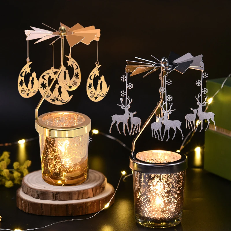 

Romantic Rotating Spinning Carrousel Tea Light Candlesticks Holder Metal Tea Light Candle Holder Home Decoration Dinner Party