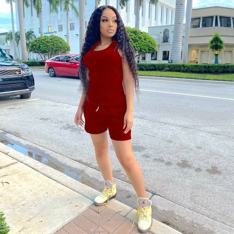 

Solid Sexy Cycling 2 Piece Tracksuits Shorts Set Women Sportswear Sleeveless Tank Tops Summer Lounge Wear Matching Sets