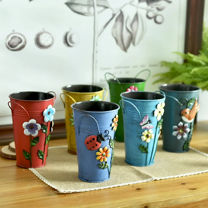 Hot Selling Vintage Galvanised Metal Iron Flower Shabby Vase Pot Barrel Planter Garden Decor Articles J | Дом и сад