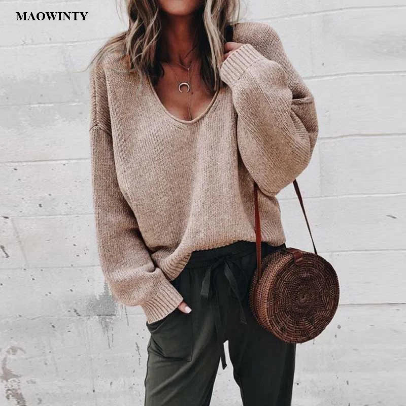 Knitted Women's Sweater Casual Streetwear Solid V Neck Long Sleeve Pullovers Woman Winter 2019 Feminine Coat Pull Femme | Женская