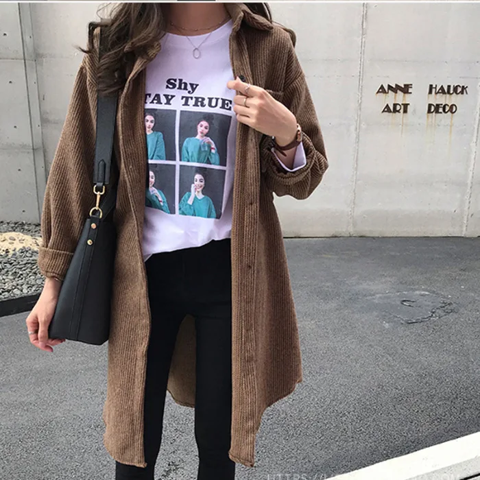 Женская ветровка в стиле ретро вельветовое пальто бойфренда Свободное длинное