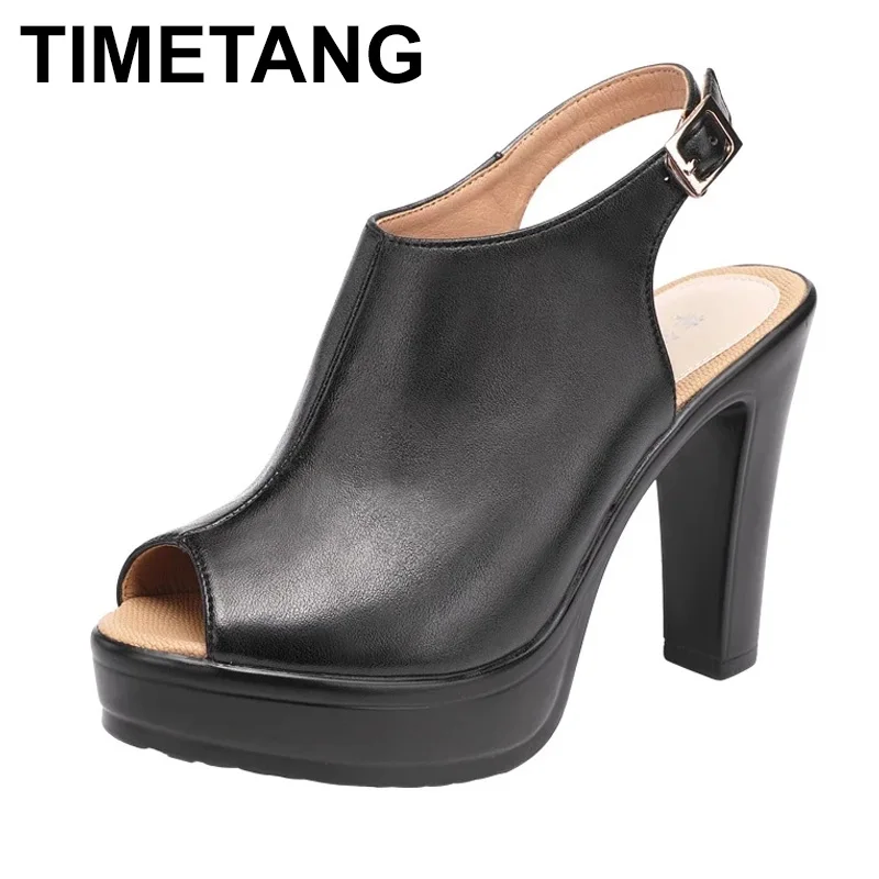 

TIMETANG Open Toe Genuine Leather Platform Sandals Woman Summer 2021 High Heels Sandals Women Sexy Office Shoes Plus Size 33-43