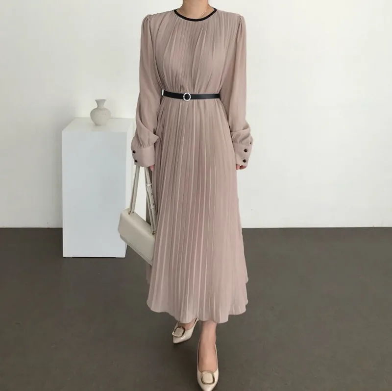 

Autumn New Style Korean Long Sleeve Round Neck Women Elegant Loose High Waist With Belt Ruffles Patchwork Pleated Maxi Dress
