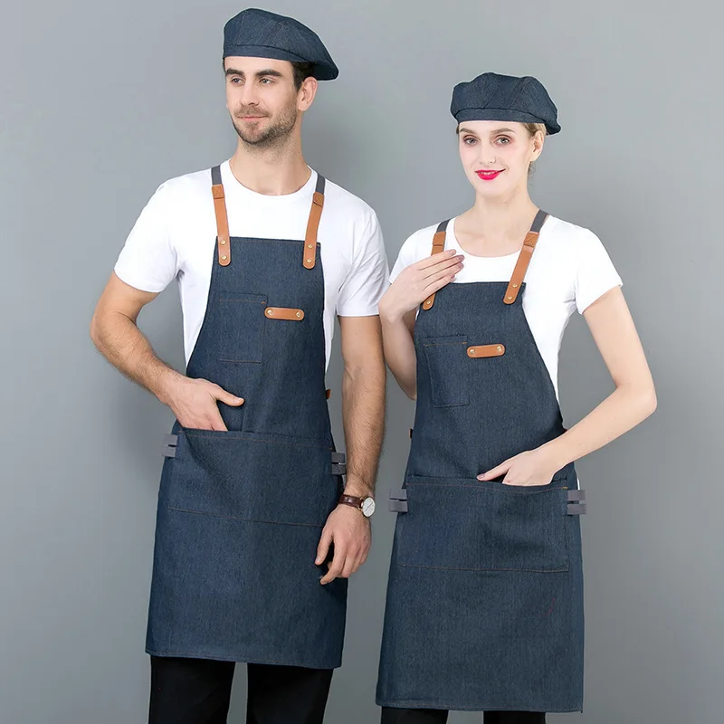 

Long Apron Denim Restaurant Hotel Waist Chef Apron Bar Pub Kitchen Waiter Waitress Cook Apron Universal Cooking Hat Caps 56-58cm