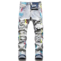 korean fashion multicolour graffiti hip hop men pencil jeans trousers hole ripped slim denim pants for nightclub pantaloni uomo
