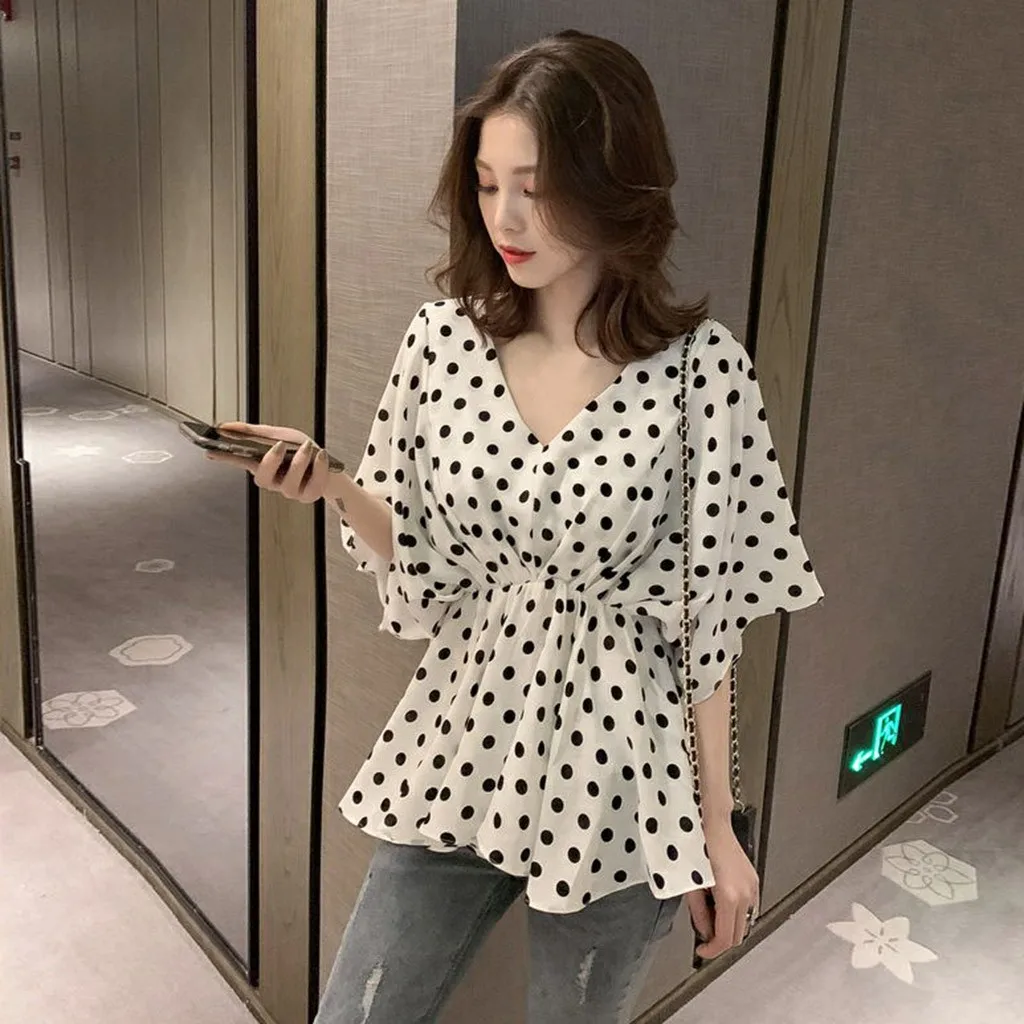 Женская милая стильная блузка в горошек с коротким рукавом летняя рубашка для