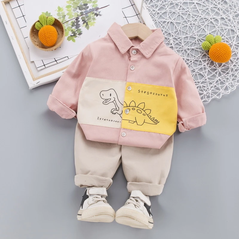 

2020 Korean autumn dinosaur shirt children's clothing 0-4 years old long-sleeved casual shirt two-piece children's suit trend
