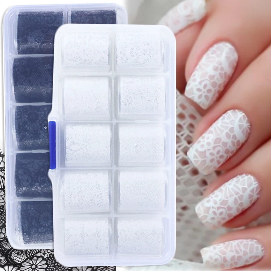 

10pcs Black White Lace Nail Transfer Foil Sticker Set Mixed Flowers Adhesive Decals DIY For Nail Art Slider Decoration SA1017-1
