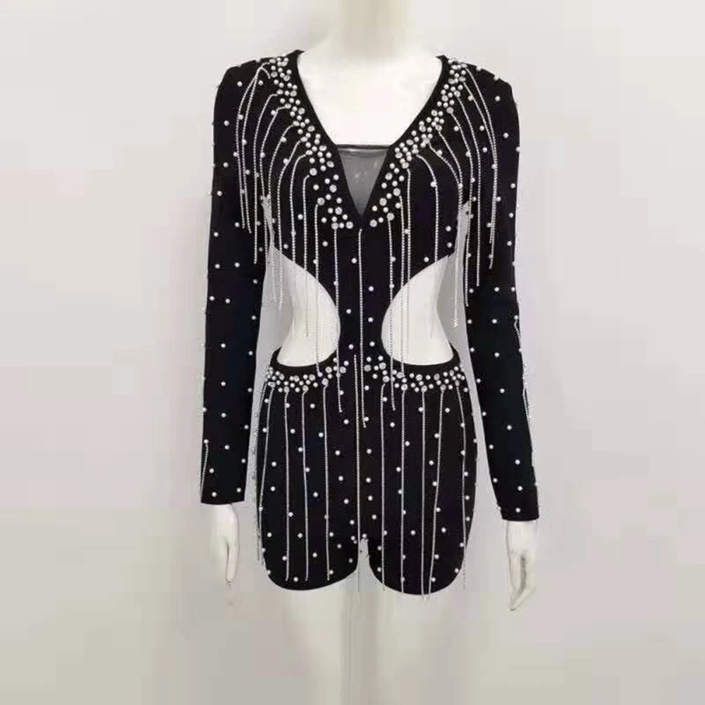 

2019 Women Sexy Summer Beading Black Bandgae Playsuit Hollow Out Tassel Fashion Jumpsuits Clubwear Bodycon Celebrity Party