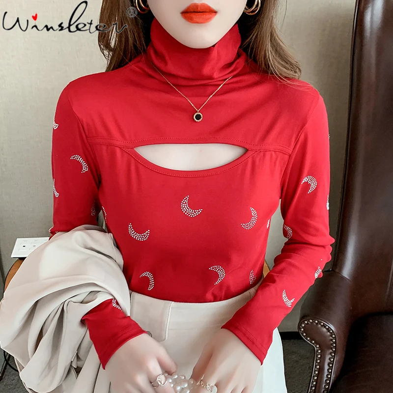 

Женская хлопковая Водолазка с длинным рукавом, с блестящими бриллиантами