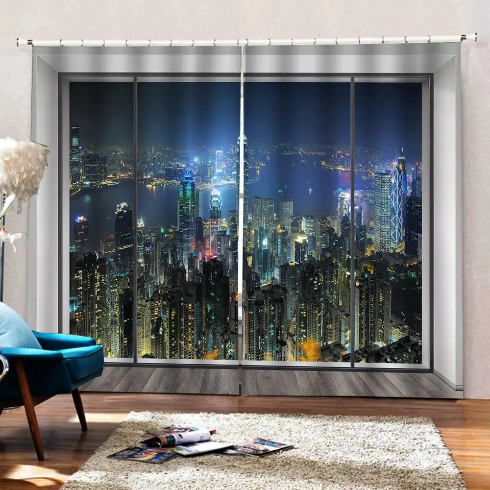 (Левая и правая сторона) Городской Ночной пейзаж 3D оконная занавеска красивые