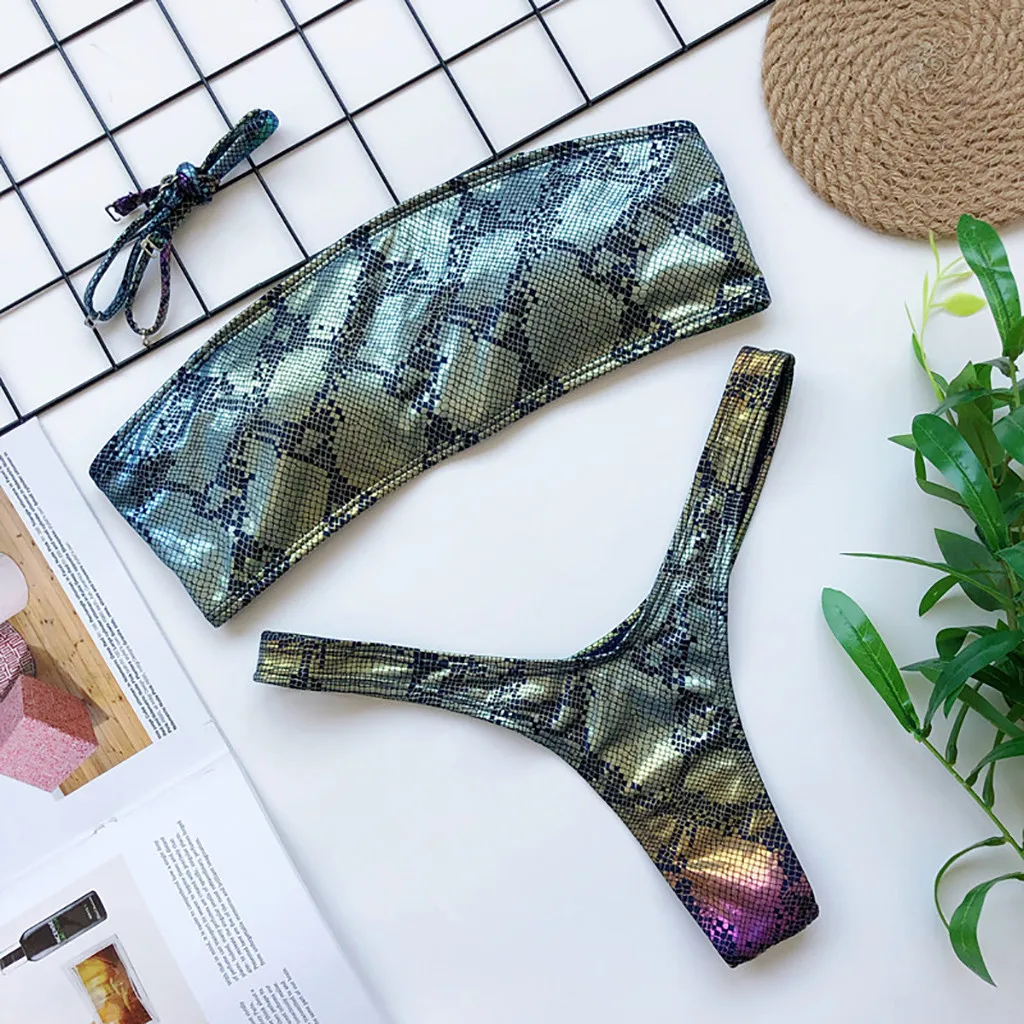 Комплект бикини без бретелек со змеиным принтом женский купальник с пуш-ап и